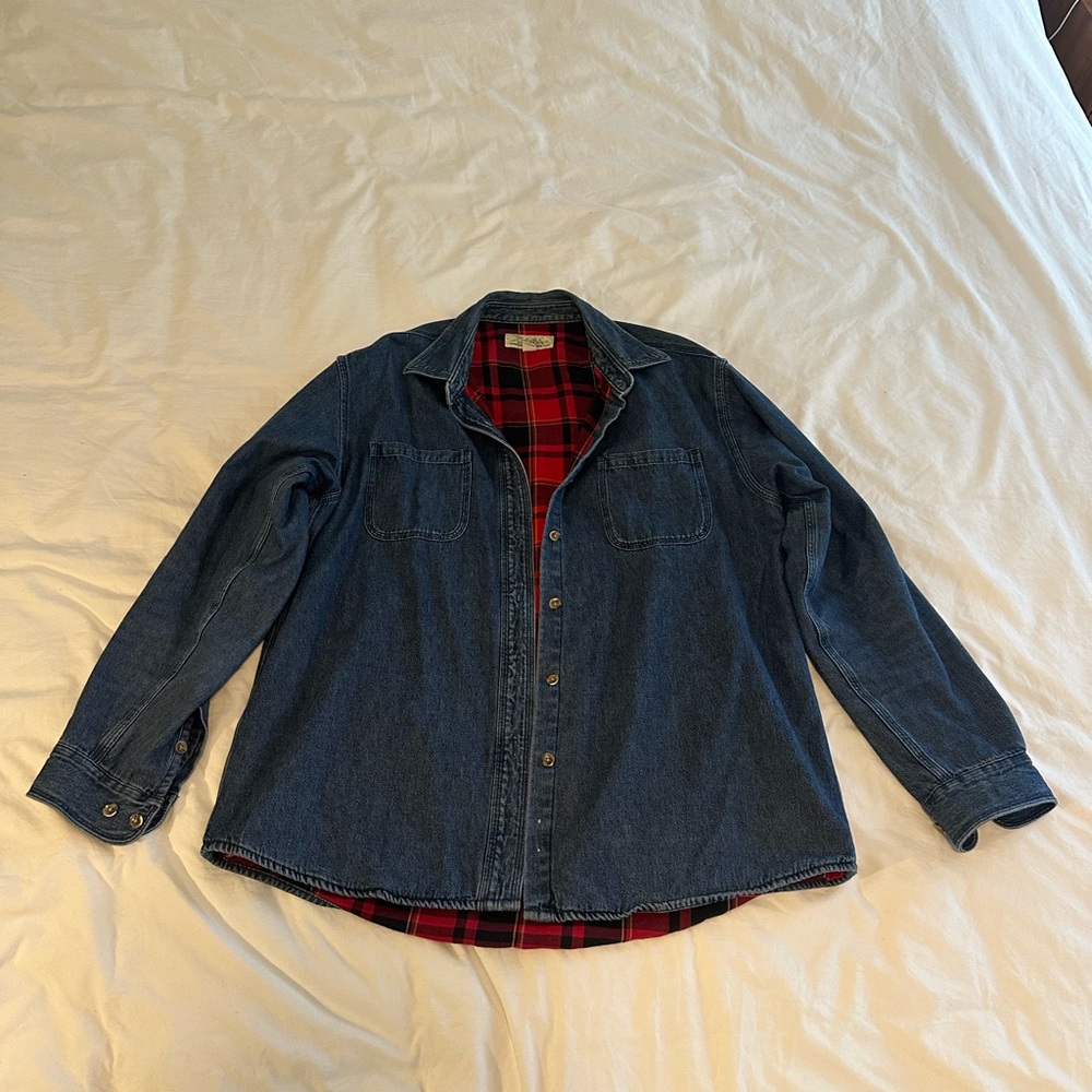 Cabela's Men L Blue Denim Plaid Lining Button Jean Jacket